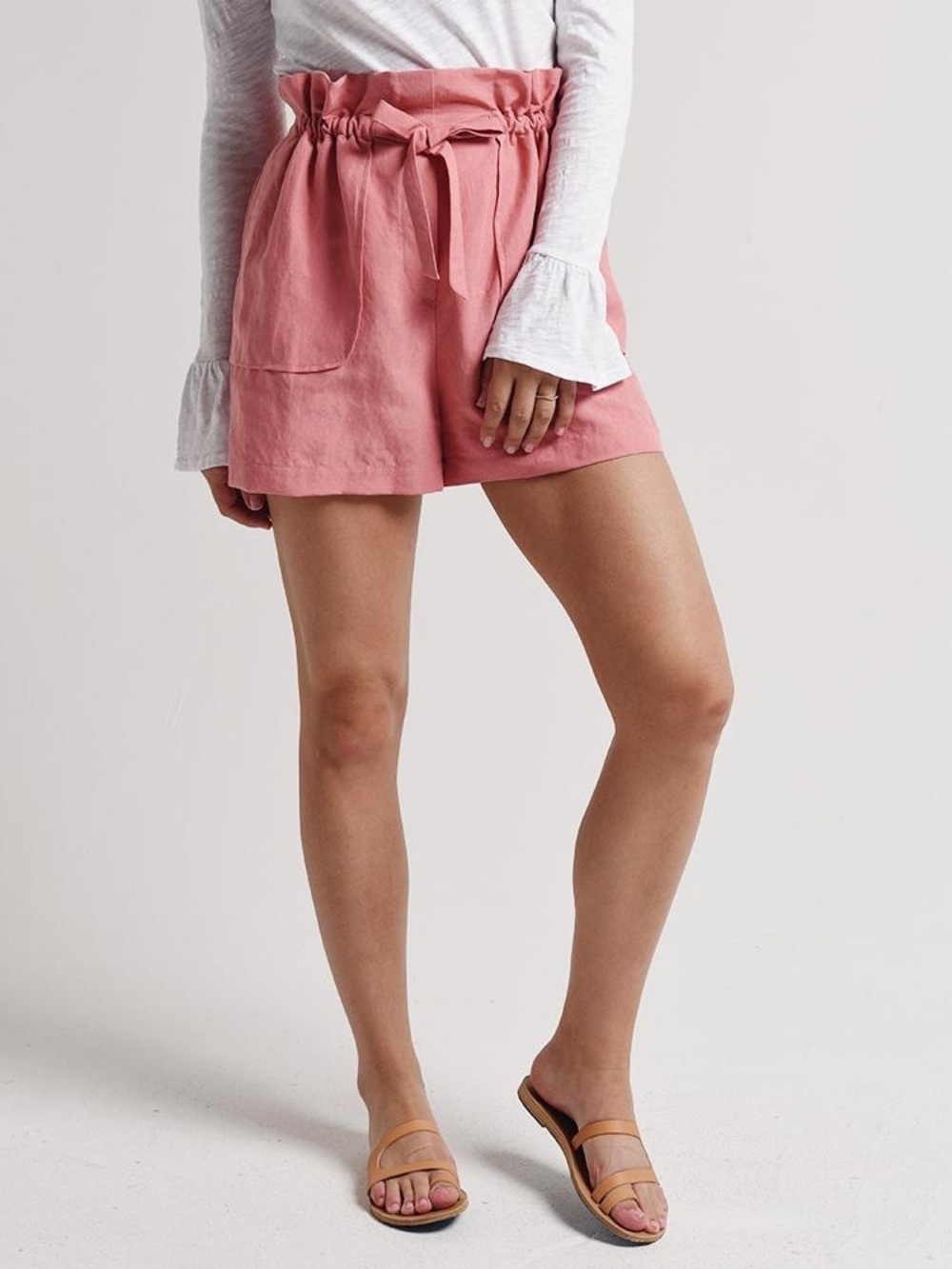 Rebecca Taylor Slub Linen Paperbag Waist Shorts Pink Size M